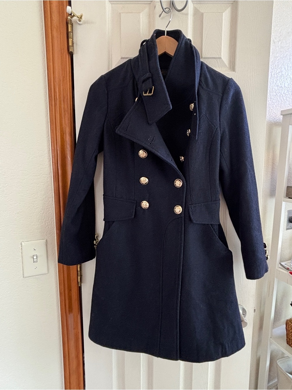 Women’s Double-Breasted Navy Wool Coat with Gold Buttons